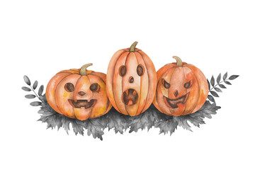 Watercolor illustration of hand painted orange carved jake-o-lantern pumpkins on black autumn leaves. Scary faces on pumpkins. Food. Isolated on white clip art for Halloween cards, posters, prints