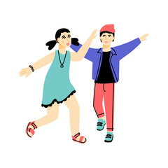 Happy girl and boy running with spread arms. Kids fooling and having fun together. Brother and sister. Vector flat illustration on a white background