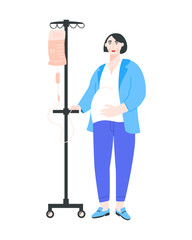 Pregnant woman standing with vitamin dropper on a white background. Female patient with the IV during treatment at clinic. Vector flat illustration