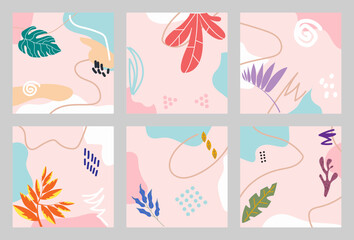 A set of six abstract backgrounds, hand-drawn various shapes and doodles, as well as plant elements, modern minimalistic trendy vector backgrounds, each background is isolated, pastel tone