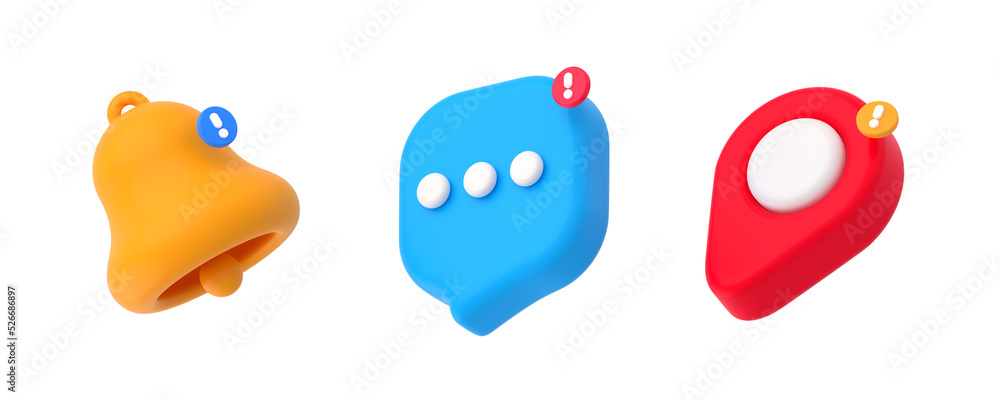 Poster 3d render notification and reminders bell, unread message bubble and map pin isolated design element