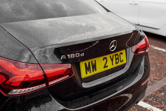 UK, Newcastle, 27 August 2022: New diesel Mercedes sedan A class a180d 2022. Black executive sedan from Mercedes in the AMG package.