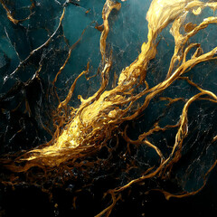 Obraz na płótnie Canvas fluid sculpture of melted gold oozing on a vascular obsidian rock wall,
