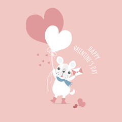 cute and lovely hand drawn cute french bulldog pug holding heart balloon and love letter, happy valentine's day, love concept, flat vector illustration cartoon character costume design