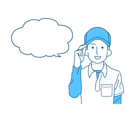 笑顔で挨拶するポロシャツ・帽子の男性スタッフ　専門職　作業員　引越屋　運送業　清掃業　特殊清掃員