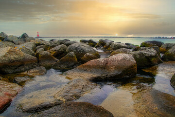 Ostsee - Meer - Warnemünde - Seascape - Beach - Sunset - Baltic Sea Vacation Coast - Tourism - Holiday - Background - Sunrise over sea - High quality photo
