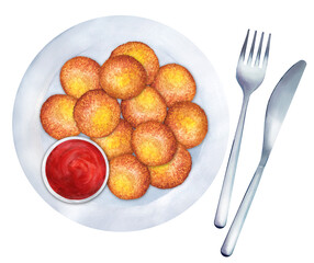 Fried potato cheese balls or croquettes watercolor