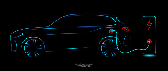 Electric SUV car with charging station by sketch line side view blue green and red glowing light line isolated on black background. Vector illustration. - obrazy, fototapety, plakaty