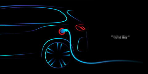 Electric SUV car charging by sketch line side view blue green and red glowing light line isolated on black background. Vector illustration.