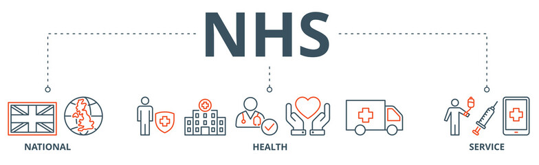 NHS banner web icon vector illustration concept of national health service with icon of globe, hospital, health insurance, ambulance, patient, and medical apps