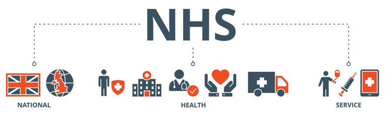 NHS banner web icon vector illustration concept of national health service with icon of globe, hospital, health insurance, ambulance, patient, and medical apps
