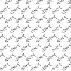 Fototapeta premium Fishbone hand draw pattern. Fishbones, fishbone print. Fish skeleton bone icon pattern