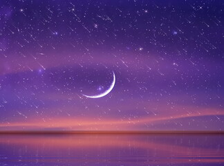 Naklejka na ściany i meble purple blue starry sky and full moon sunset nebula comet meteor stars fall shower lilac pink reflection on sea with planet flares universe nebula telescope