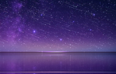 star fall shower moon on blue lilac pink purple  starry sky  reflection on sea with planet flares universe  nebula telescope