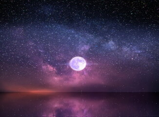 Fototapeta na wymiar star fall shower moon on blue lilac pink purple starry sky reflection on sea with planet flares universe nebula telescope