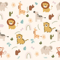 Seamless child's pattern of animals in boho style. Vector illustration © Elena
