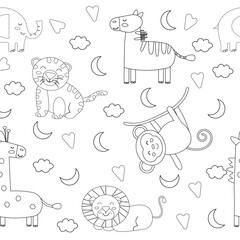 Seamless children's pattern of animals in outline style. Vector illustration