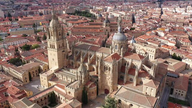 Scenic aerial view of Salamanca historic district overlooking impressive gothic building of New Cathedral towering over residential buildings with terracotta tiled roofs in spring, Spain
