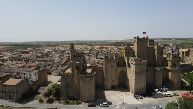 Olite Navarra Castle and tower on a beautifully warm summery day. No people.