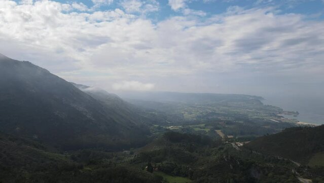 Breathtaking view over mountainous terrain in Asturias, Spain. Drone taking off.