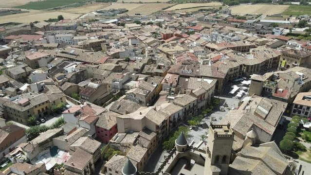 Olite, 15th century medieval town and castle on a warm day, dolly away, high angle.