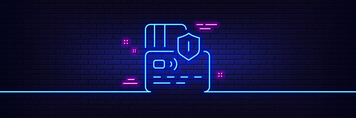 Neon light glow effect. Credit card line icon. Bank money payment sign. Shield protection symbol. 3d line neon glow icon. Brick wall banner. Card outline. Vector