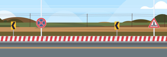 Highway hill asphalt road and city road outdoor with traffic signs design flat vector illustration. © PaleStudio