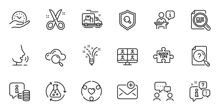 Outline set of Check article, Chemistry experiment and Cloud computing line icons for web application. Talk, information, delivery truck outline icon. Vector