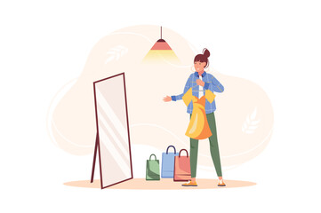 Shopping concept with people scene in the flat cartoon design. Girl looks at the clothes at the mirror she bought while shopping. Vector illustration.