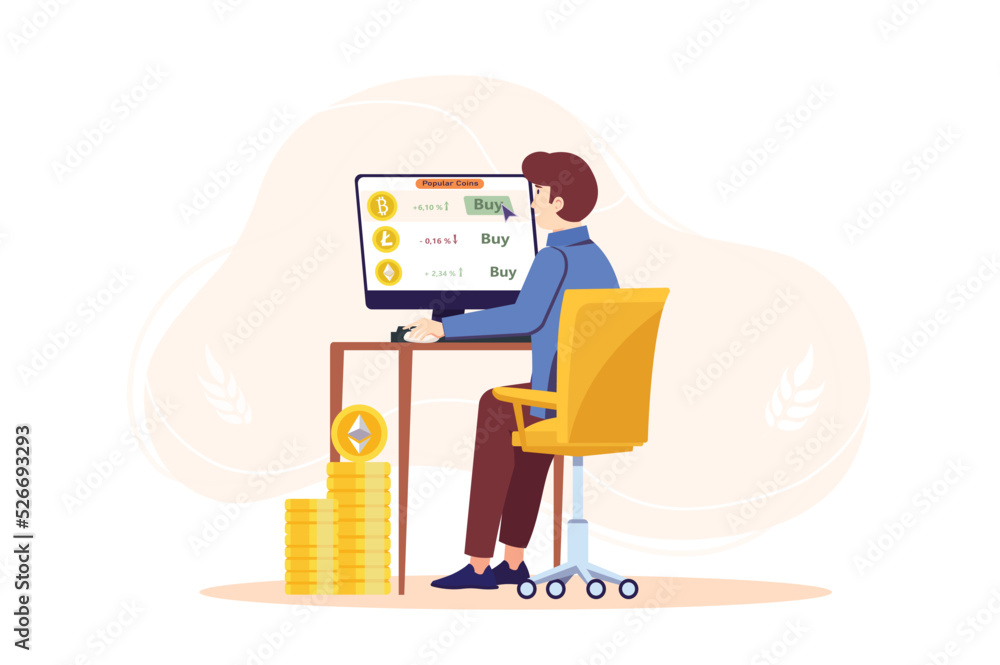 Poster crypto concept with people scene in the flat cartoon style. man works on a computer dealing with dig