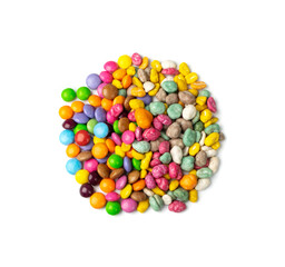 Small candies pile isolated. Colorful dragees mix, multicolored glazed chocolate buttons, various dragee collection, assorted rainbow candies on white background top view