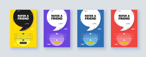 Poster frame with quote, comma. Refer a friend tag. Referral program sign. Advertising reference symbol. Quotation offer bubble. Refer friend message. Vector