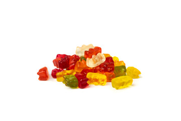 Gummy bears pile isolated. Chewing colorful marmalade, jelly bear heap, gelatin candy set on white...