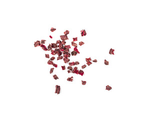 Dry beetroot cubes isolated. Dried diced red beet pile, scattered small beet root pileces, dry beetroot flakes on white background top view