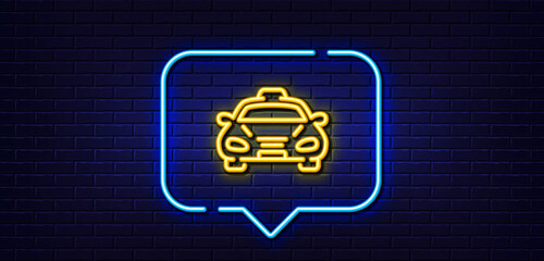Fototapeta Neon light speech bubble. Taxi cab transport line icon. Car vehicle sign. Taxicab driving symbol. Neon light background. Taxi glow line. Brick wall banner. Vector obraz