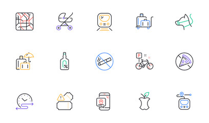Underground line icons. Subway map, Station location, Metro rules. Dog on leash, Apple core, No smoking outline icons. Underground tickets, No alcohol drink, food at metro. Baby carriage place. Vector