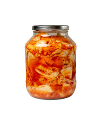 Kimchee in a glass jar isolated. Spicy kim chi, hot fermented napa cabbage, traditional jimchi,...