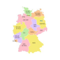 Germany political map with region names. Low detailed. Solid simple style. Pastel colours. Vector editable