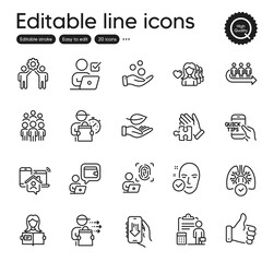 Set of People outline icons. Contains icons as Download app, Accounting and Delivery man elements. Education, Donation money, Puzzle web signs. Lungs, Queue, Woman love elements. Vector