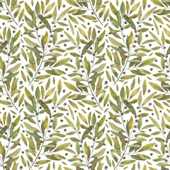 Naklejka na ściany i meble Seamless pattern with olive branch on a white backdrop, hand-drawn in watercolor. Elegant background for cosmetics, fabric, soap packaging, oil packaging, wrapping paper.