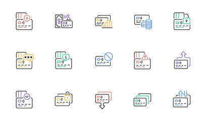 Credit card line icons. Non-cash Payment, Withdraw Funds and Wallet cash icons. Money Transfer, Approved credit card and Payment method. Password protection, Withdrawal funds from wallet. Vector