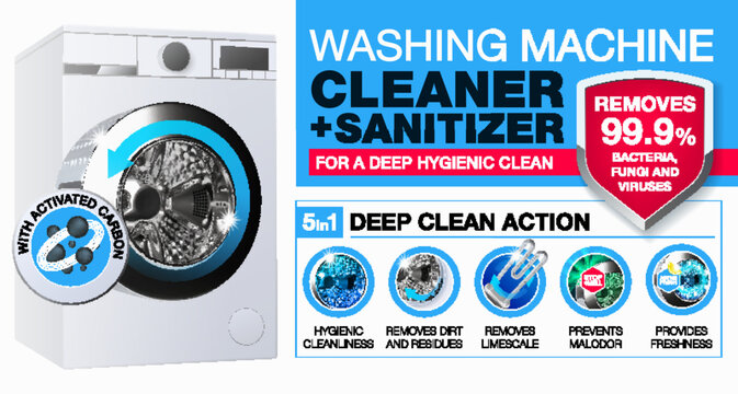 Washing machine cleaner and sanitizer for deep hygienic cleaning of the washing machine. Realistic icons set. Washing machine care and maintenance. Vector illustration