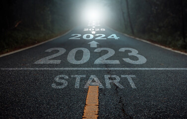 Direction to new year concept and sustainable development idea. Number of 2023 to 2028 on asphalt...