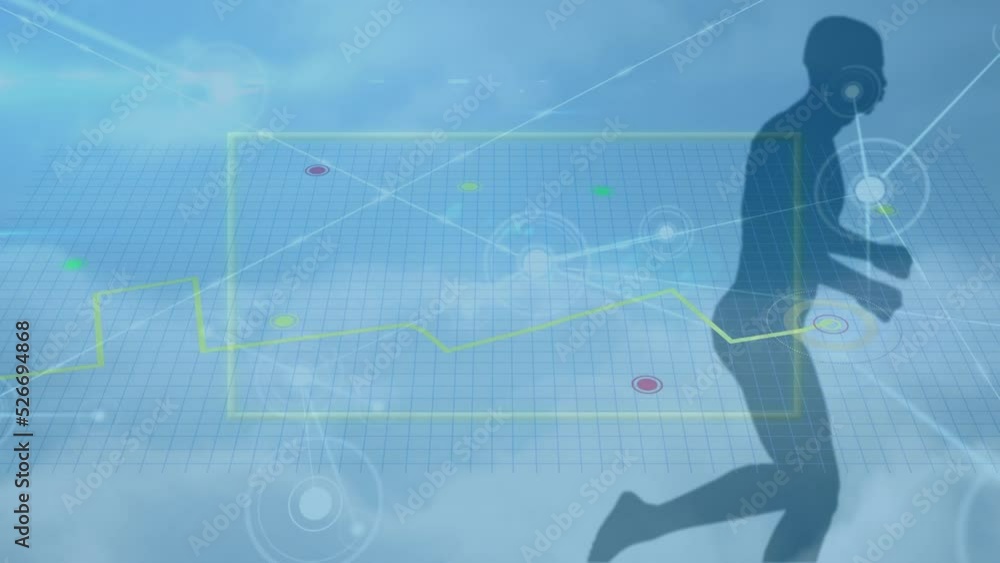Poster animation of abstract computer icons with silhouette male athlete running in background