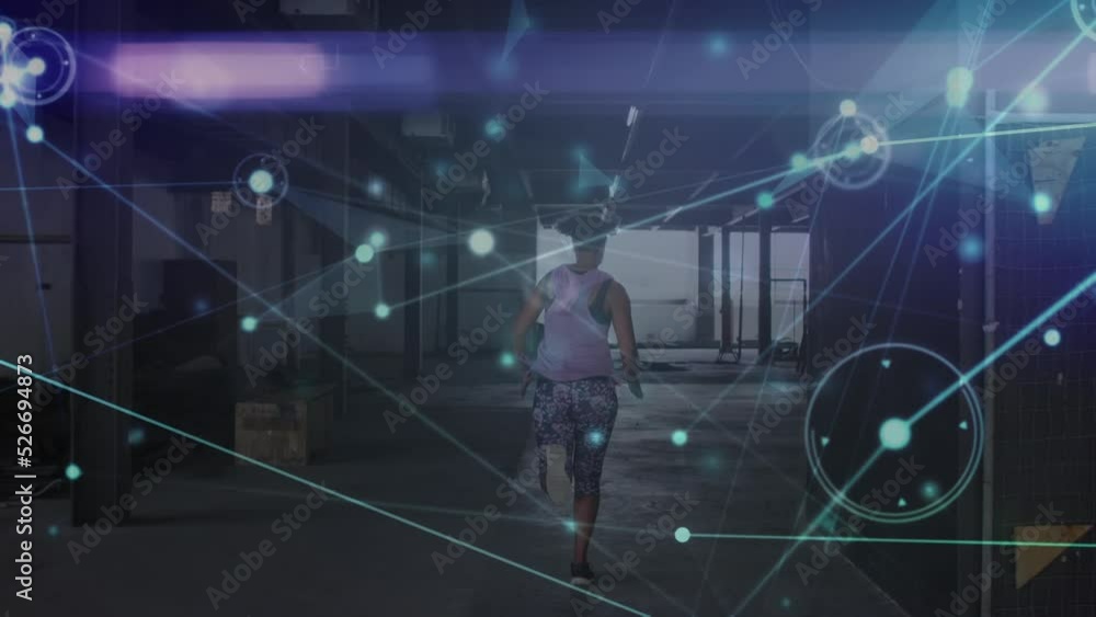 Poster composite video of abstract networking and connecting the dots with athlete running in background