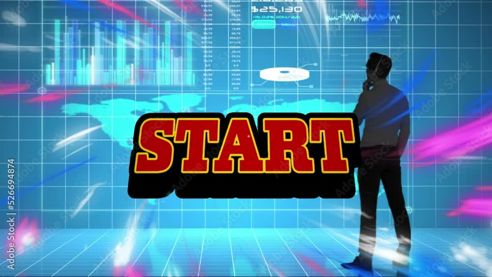 Aufkleber animation of start text over biracial businessman analyzing graph, world map on digital interface