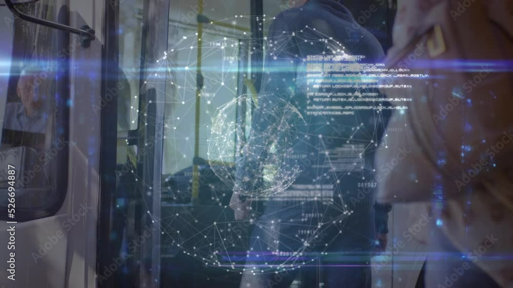 Poster animation of connecting dots sphere against multiracial commuters boarding train at station platform