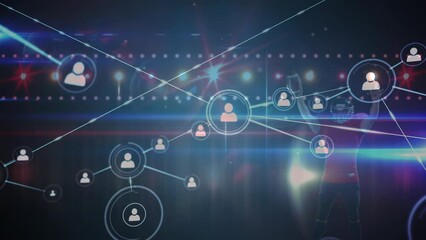 Composite video of networking icons with american football player celebrating victory in background - Powered by Adobe
