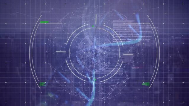Animation of dna with clone text, hud processing, connecting dots on grid pattern digital interface