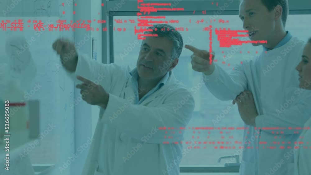 Poster animation of data processing over team of diverse male and female scientist discussing at laboratory